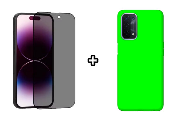 Set Husa Silicon plus Folie din sticla Privacy compatibila cu OPPO A74 4G, verde neon, protectie 360