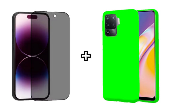 Set Husa Silicon plus Folie din sticla Privacy compatibila cu OPPO Reno5 Lite, verde neon, protectie 360