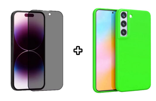 Set Husa Silicon plus Folie din sticla Privacy compatibila cu Samsung Galaxy S23, verde neon, protectie 360