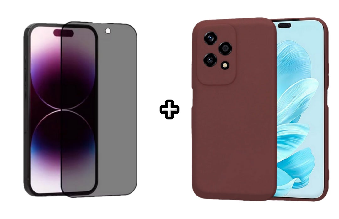 Set Husa Silicon plus Folie din sticla Privacy compatibila cu Honor 200 Lite, visinie, protectie 360