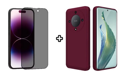 Set Husa Silicon plus Folie din sticla Privacy compatibila cu Honor Magic5 Lite, visinie, protectie 360