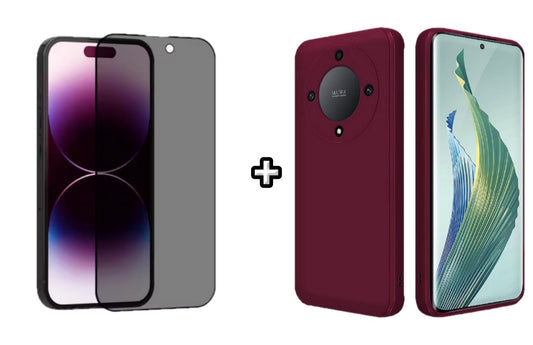 Set Husa Silicon plus Folie din sticla Privacy compatibila cu Honor Magic5 Lite, visinie, protectie 360
