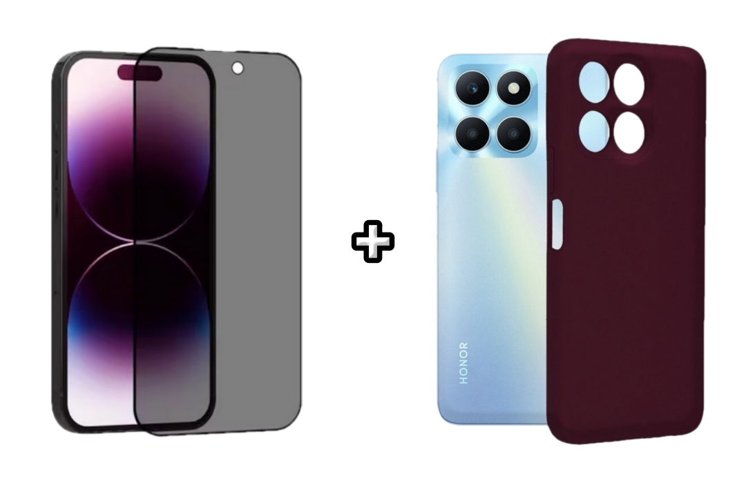 Set Husa Silicon plus Folie din sticla Privacy compatibila cu Honor X6a, visinie, protectie 360