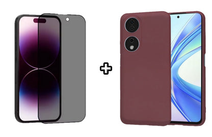 Set Husa Silicon plus Folie din sticla Privacy compatibila cu Honor X7b, visinie, protectie 360
