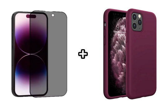 Set Husa Silicon + Folie din sticla Privacy compatibila cu Apple iPhone 11 Pro, visinie, protectie 360