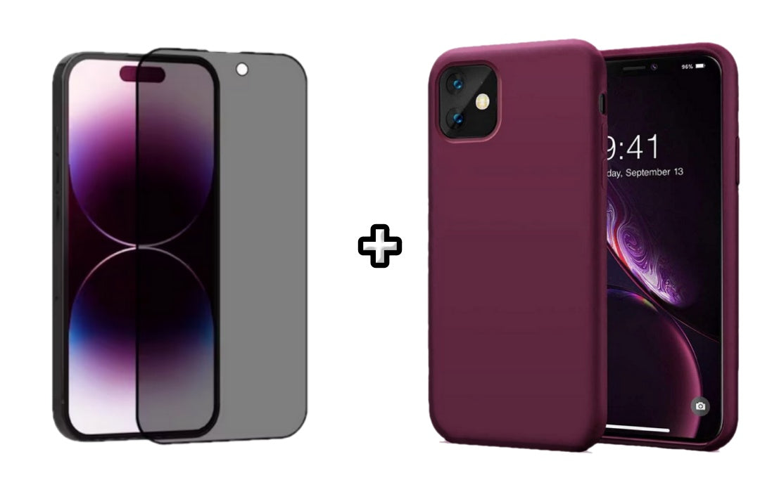 Set Husa Silicon + Folie din sticla Privacy compatibila cu Apple iPhone 11, visinie, protectie 360