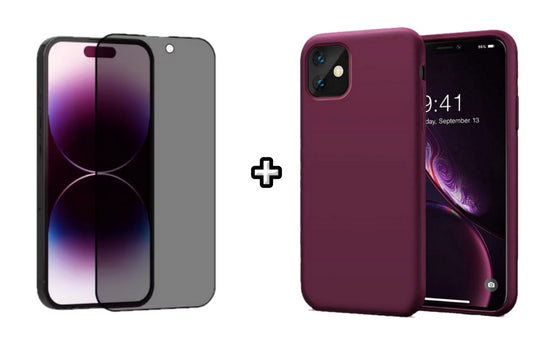 Set Husa Silicon + Folie din sticla Privacy compatibila cu Apple iPhone 12, visinie, protectie 360