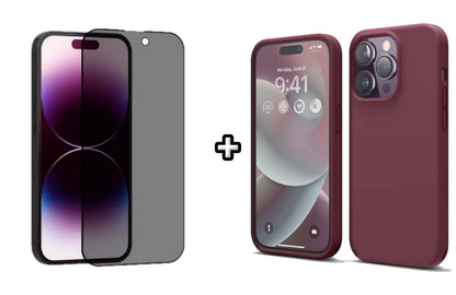 Set Husa Silicon + Folie din sticla Privacy compatibila cu Apple iPhone 13 Pro Max, visinie, protectie 360