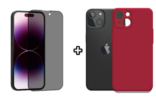 Set Husa Silicon + Folie din sticla Privacy compatibila cu Apple iPhone 14, visiniu, protectie 360