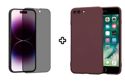 Set Husa Silicon + Folie din sticla Privacy compatibila cu Apple iPhone 7 Plus, visinie, protectie 360
