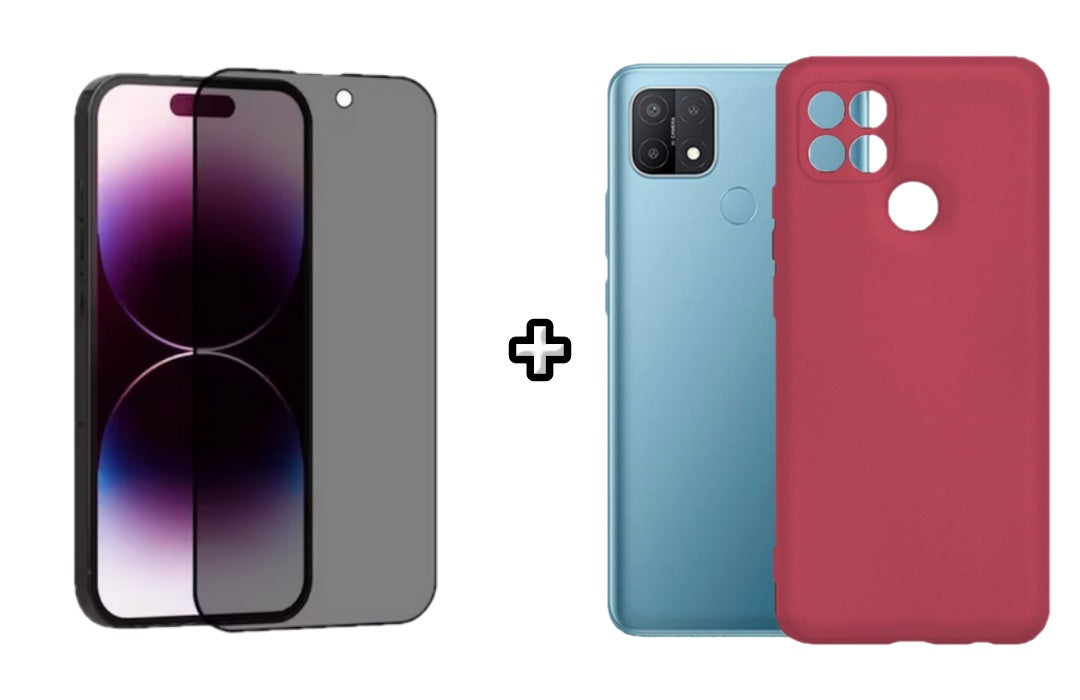 Set Husa Silicon plus Folie din sticla Privacy compatibila cu OPPO A15, visinie, protectie 360