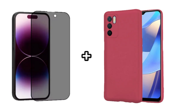 Set Husa Silicon plus Folie din sticla Privacy compatibila cu OPPO A16, visinie, protectie 360