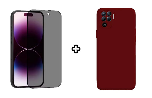 Set Husa Silicon plus Folie din sticla Privacy compatibila cu OPPO Reno5 Lite, visinie, protectie 360