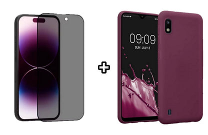 Set Husa Silicon plus Folie din sticla Privacy compatibila cu Samsung Galaxy A10, visinie, protectie 360