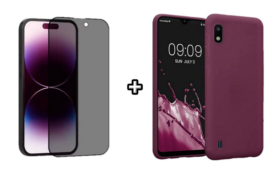 Set Husa Silicon plus Folie din sticla Privacy compatibila cu Samsung Galaxy A10, visinie, protectie 360