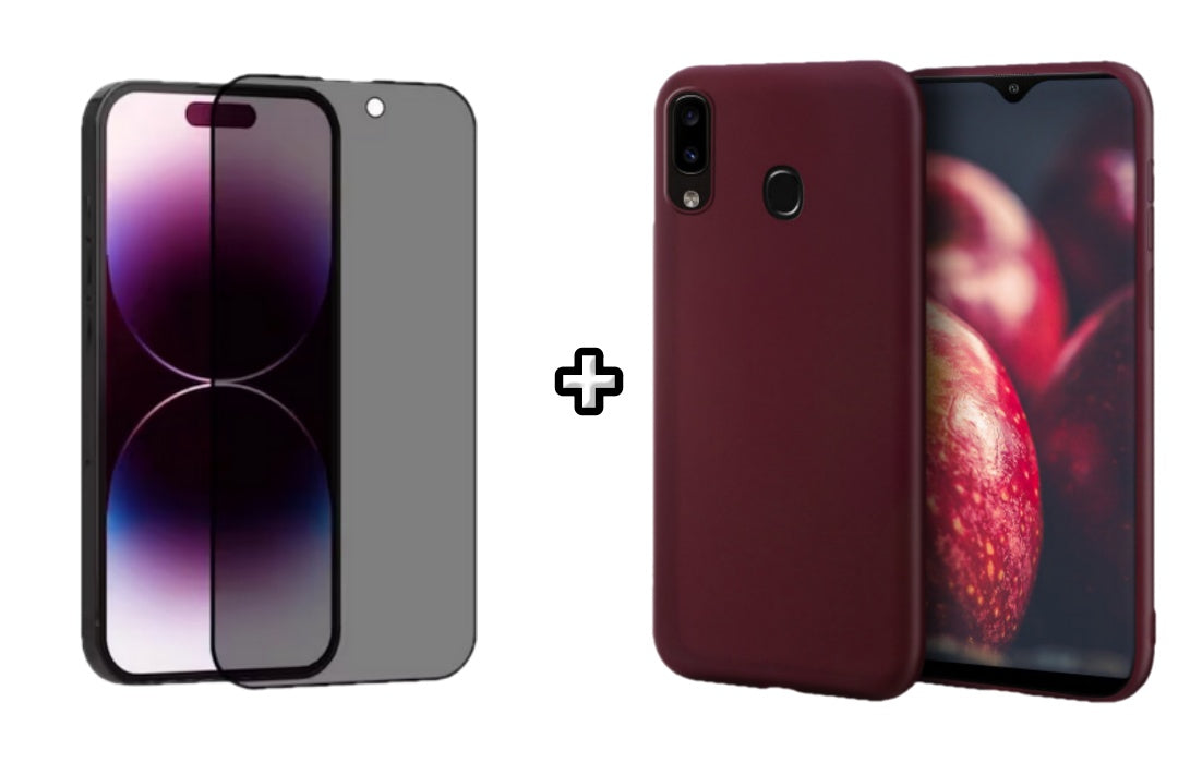 Set Husa Silicon plus Folie din sticla Privacy compatibila cu Samsung Galaxy A20E, visinie, protectie 360