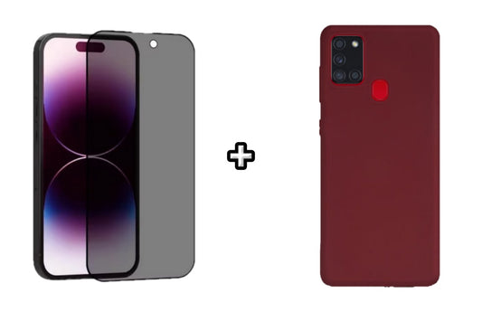 Set Husa Silicon plus Folie din sticla Privacy compatibila cu Samsung Galaxy A21s, visinie, protectie 360