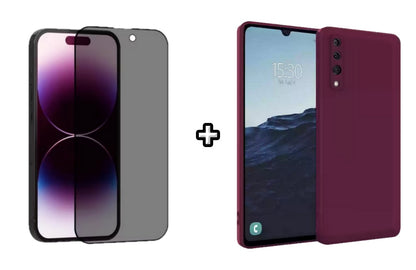 Set Husa Silicon plus Folie din sticla Privacy compatibila cu Samsung Galaxy A50, visinie, protectie 360