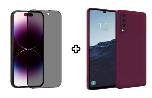 Set Husa Silicon plus Folie din sticla Privacy compatibila cu Samsung Galaxy A50, visinie, protectie 360