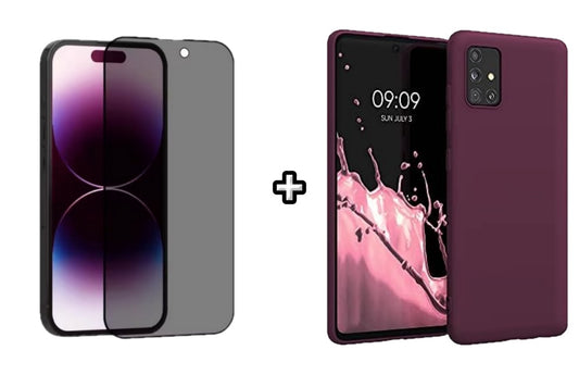 Set Husa Silicon plus Folie din sticla Privacy compatibila cu Samsung Galaxy A51, visinie, protectie 360