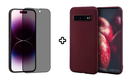 Set Husa Silicon plus Folie din sticla Privacy compatibila cu Samsung Galaxy S10, visinie, protectie 360