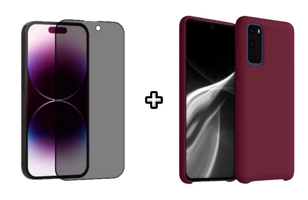 Set Husa Silicon plus Folie din sticla Privacy compatibila cu Samsung Galaxy S20 Plus, visinie, protectie 360