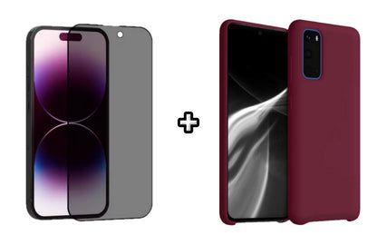 Set Husa Silicon plus Folie din sticla Privacy compatibila cu Samsung Galaxy S20, visinie, protectie 360