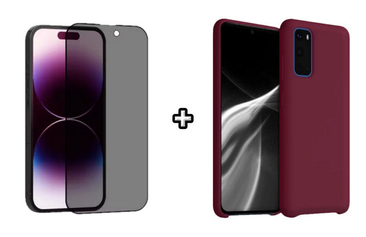 Set Husa Silicon plus Folie din sticla Privacy compatibila cu Samsung Galaxy S20, visinie, protectie 360