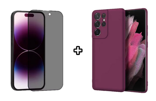 Set Husa Silicon plus Folie din sticla Privacy compatibila cu Samsung Galaxy S24 Ultra, visinie, protectie 360