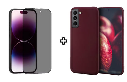 Set Husa Silicon plus Folie din sticla Privacy compatibila cu Samsung Galaxy S24 Plus, visinie, protectie 360