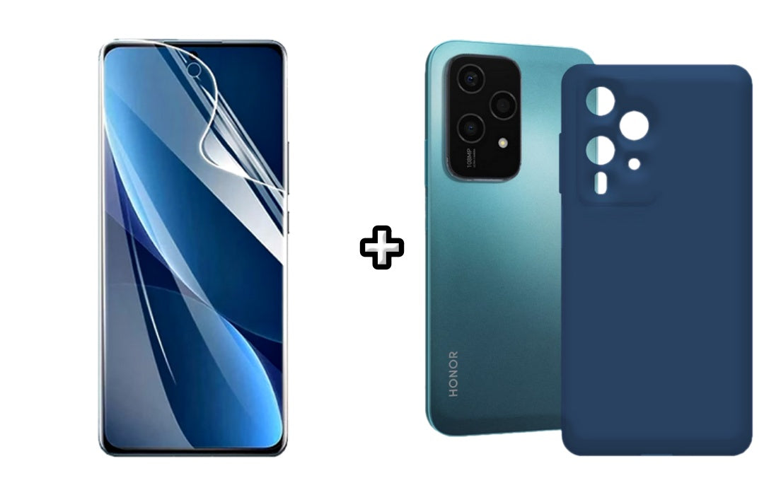 Set Husa Silicon plus Folie din sticla Transparenta compatibila cu Honor 200 Lite, albastra, protectie 360