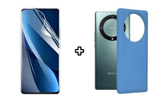 Set Husa Silicon plus Folie din sticla Transparenta compatibila cu Honor Magic5 Lite, albastra, protectie 360