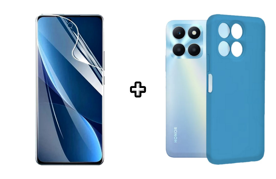 Set Husa Silicon plus Folie din sticla Transparenta compatibila cu Honor X6a, albastra, protectie 360