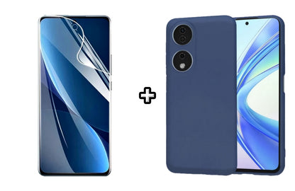 Set Husa Silicon plus Folie din sticla Transparenta compatibila cu Honor X7b, albastra, protectie 360
