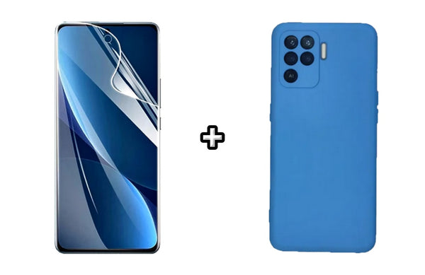 Set Husa Silicon plus Folie din sticla Transparenta compatibila cu OPPO Reno5 Lite, albastra, protectie 360