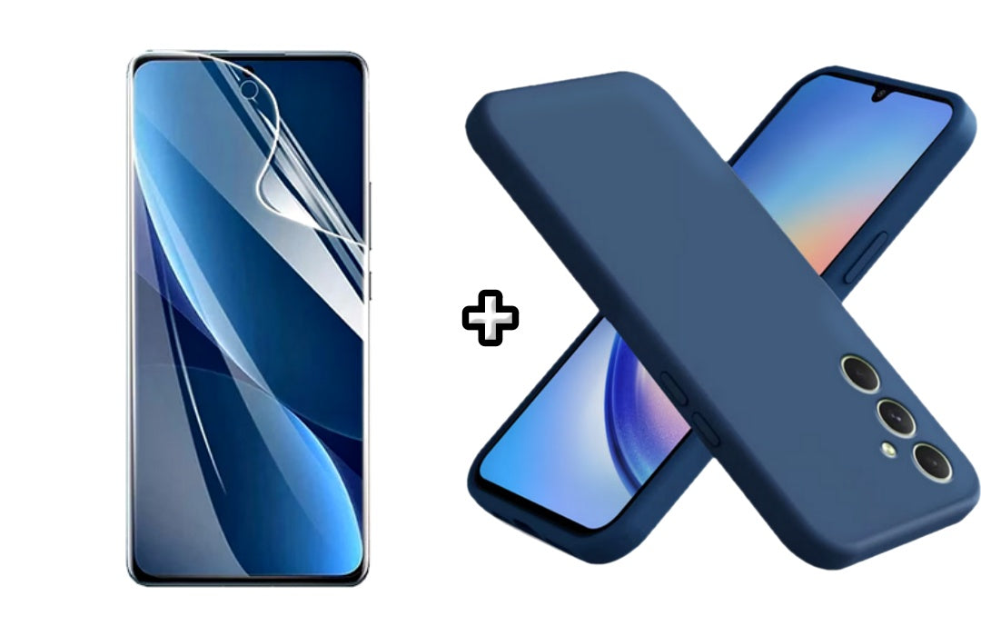 Set Husa Silicon plus Folie din sticla Transparenta compatibila cu Samsung Galaxy A55, albastra, protectie 360