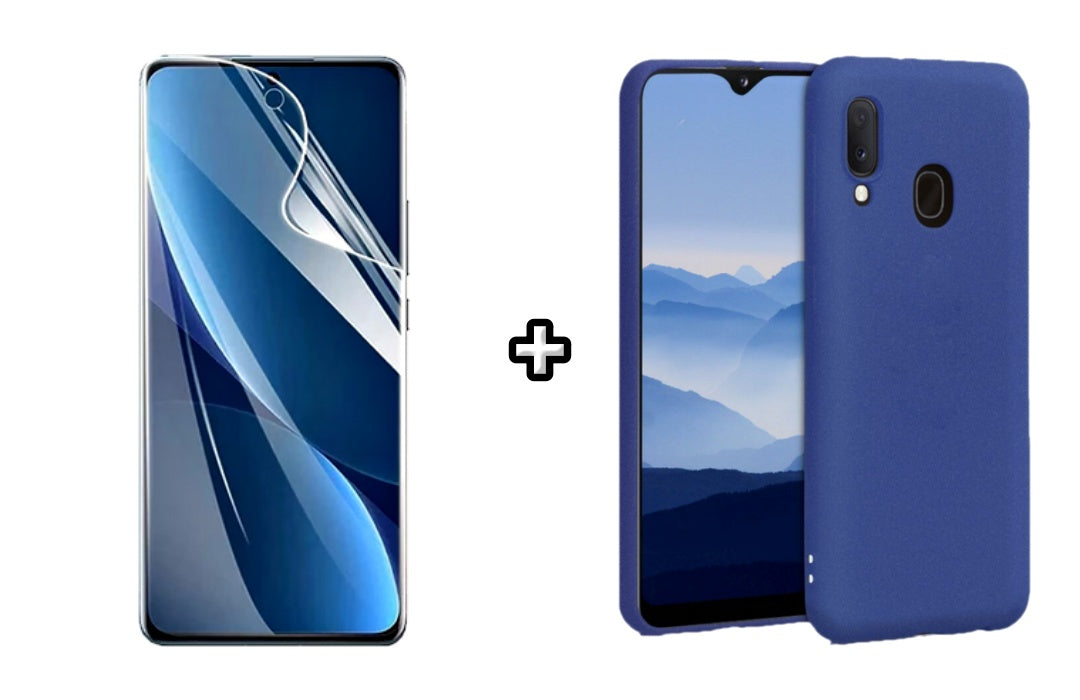 Set Husa Silicon plus Folie din sticla Transparenta compatibila cu Samsung Galaxy A40, albastra, protectie 360