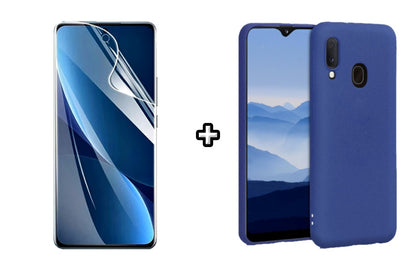Set Husa Silicon plus Folie din sticla Transparenta compatibila cu Samsung Galaxy A40, albastra, protectie 360