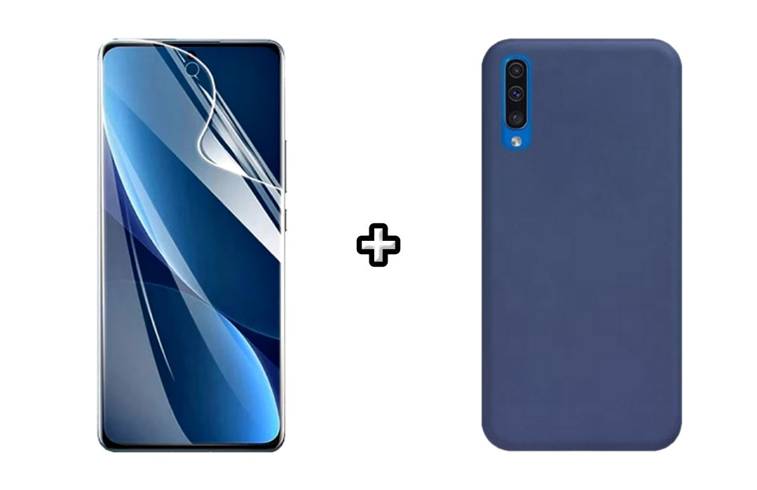 Set Husa Silicon plus Folie din sticla Transparenta compatibila cu Samsung Galaxy A50, albastra, protectie 360