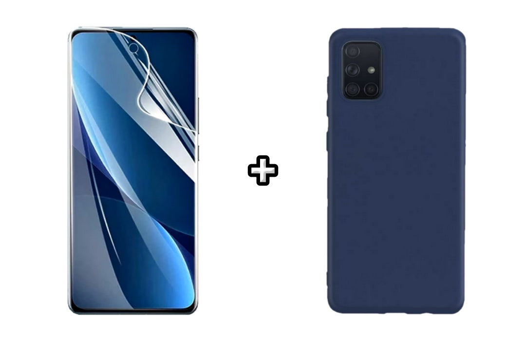 Set Husa Silicon plus Folie din sticla Transparenta compatibila cu Samsung Galaxy A51, albastra, protectie 360