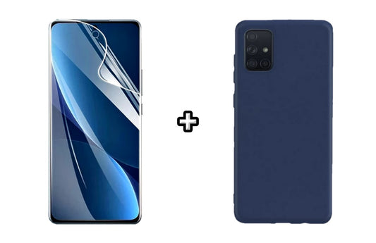 Set Husa Silicon plus Folie din sticla Transparenta compatibila cu Samsung Galaxy A51, albastra, protectie 360
