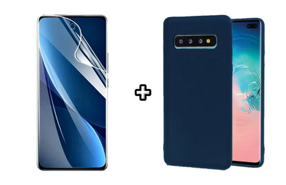 Set Husa Silicon plus Folie din sticla Transparenta compatibila cu Samsung Galaxy S10, albastra, protectie 360