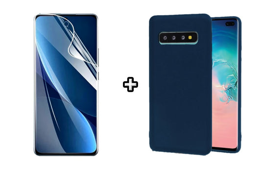 Set Husa Silicon plus Folie din sticla Transparenta compatibila cu Samsung Galaxy S10, albastra, protectie 360