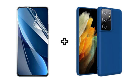 Set Husa Silicon plus Folie din sticla Transparenta compatibila cu Samsung Galaxy S24 Ultra, albastra, protectie 360