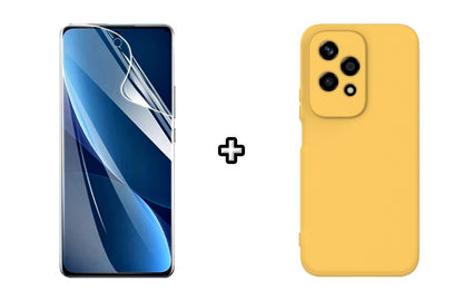 Set Husa Silicon plus Folie din sticla Transparenta compatibila cu Honor 200 Lite, galbena, protectie 360