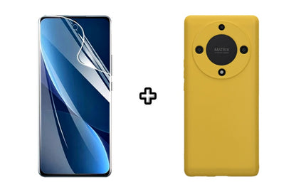 Set Husa Silicon plus Folie din sticla Transparenta compatibila cu Honor Magic6 Lite, galbena, protectie 360