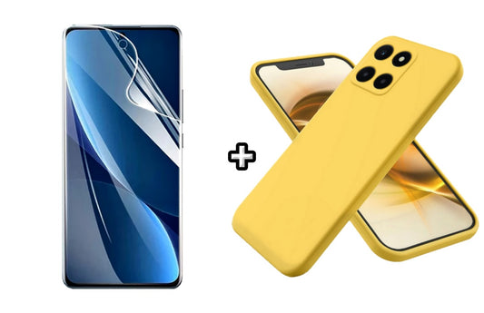 Set Husa Silicon plus Folie din sticla Transparenta compatibila cu Honor X6a, galbena, protectie 360