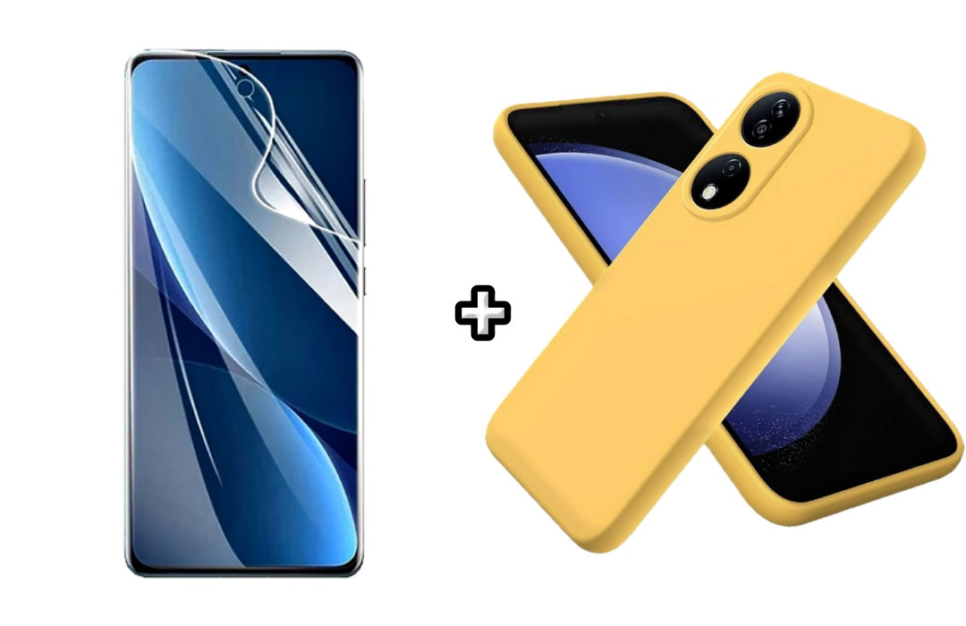 Set Husa Silicon plus Folie din sticla Transparenta compatibila cu Honor X7b, galbena, protectie 360