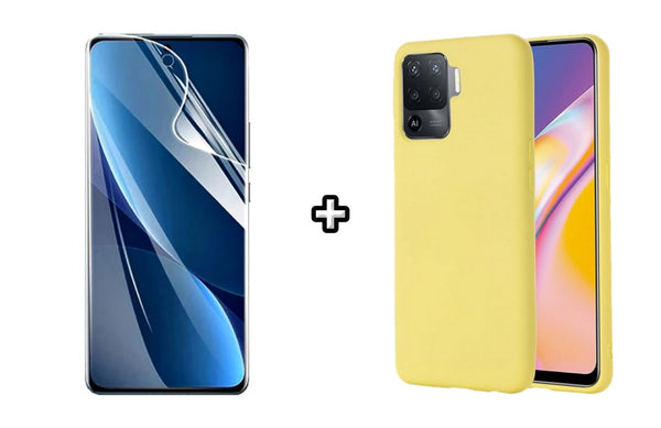 Set Husa Silicon plus Folie din sticla Transparenta compatibila cu OPPO Reno5 Lite, galbena, protectie 360