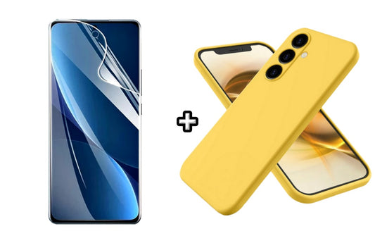 Set Husa Silicon plus Folie din sticla Transparenta compatibila cu Samsung Galaxy A05s, galbena, protectie 360